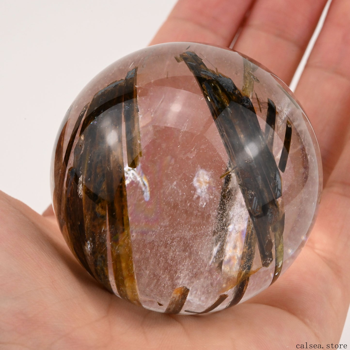 2.25'' Rainbow Green Tourmaline,Rutilated Hand Carved Crystal Healing Crystal Sphere/Ball