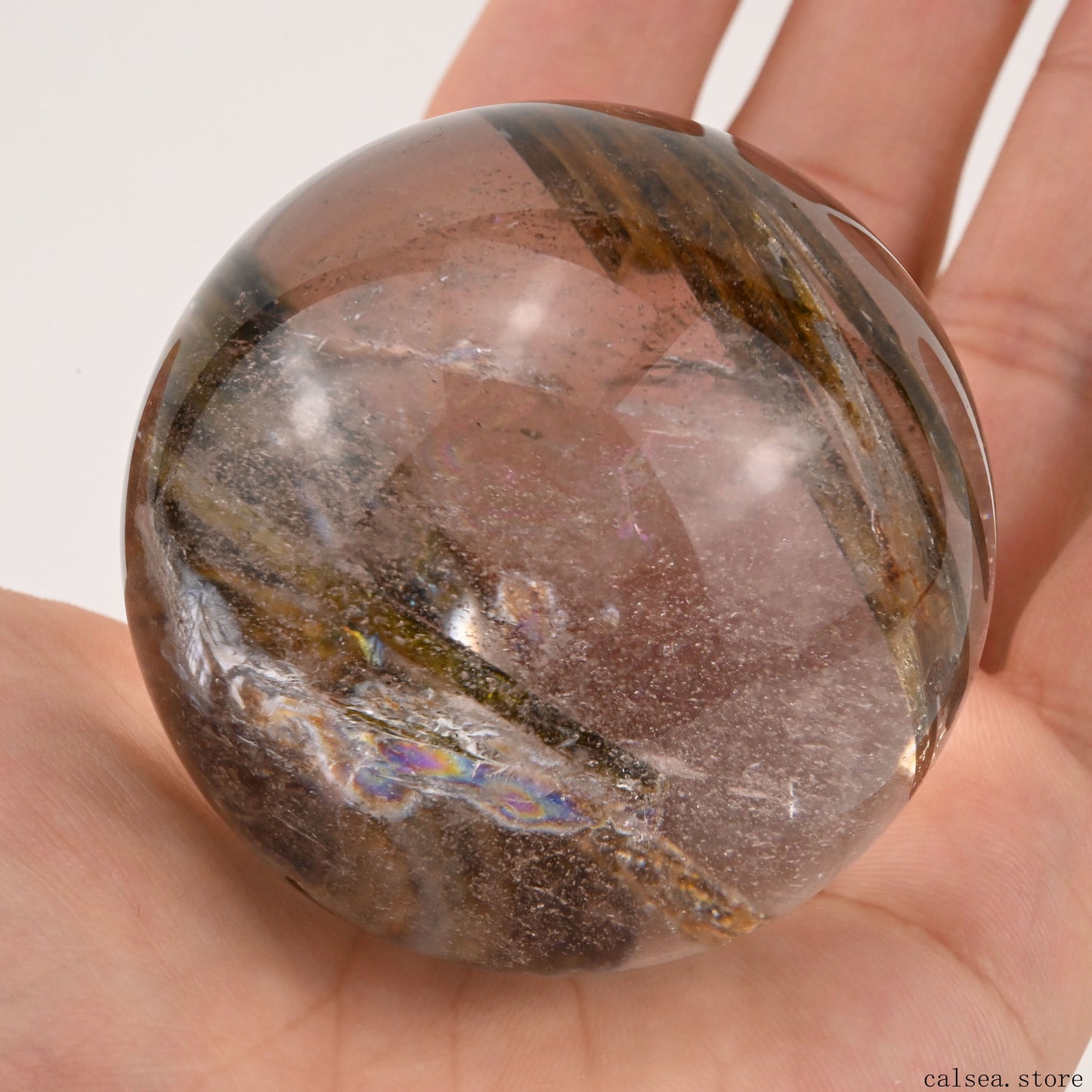 2.25'' Rainbow Green Tourmaline,Rutilated Hand Carved Crystal Healing Crystal Sphere/Ball