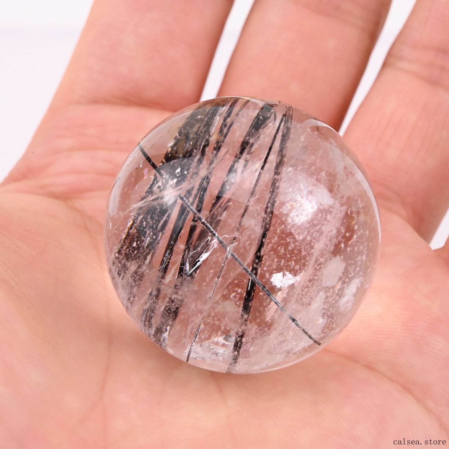 1.45'' Black Rutile,Tourmaline Quartz Sphere Crystal Healing Hand Carved Crystal Ball