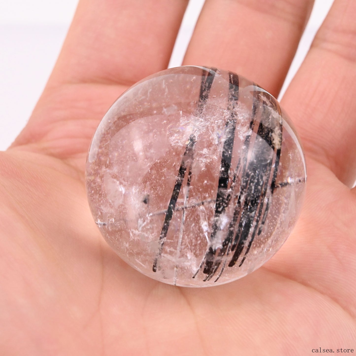 1.45'' Black Rutile,Tourmaline Quartz Sphere Crystal Healing Hand Carved Crystal Ball