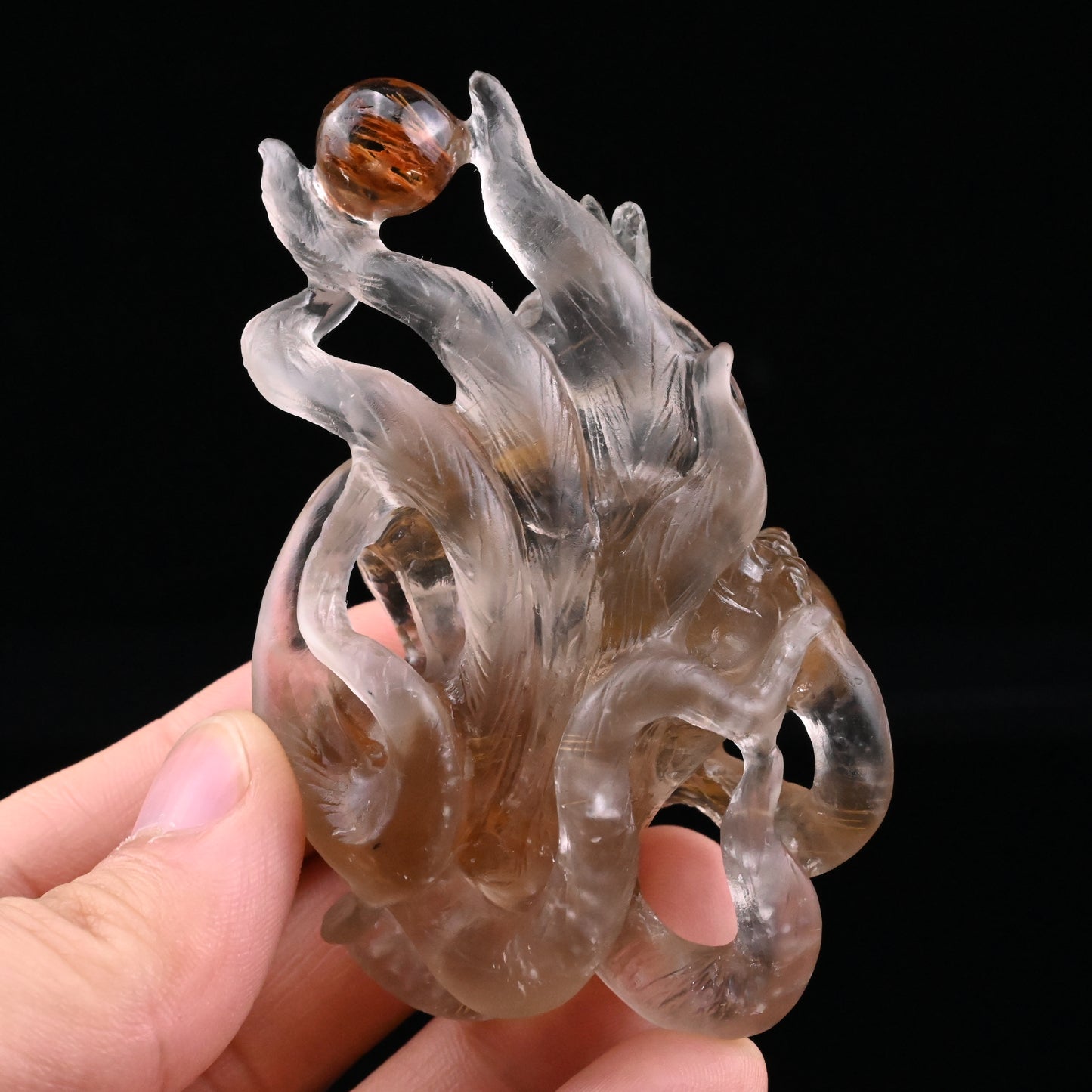 Golden Rutile,Rutilated Nine Tail Fox Sculpture Crystal Healing Hand Carved Super Realistic