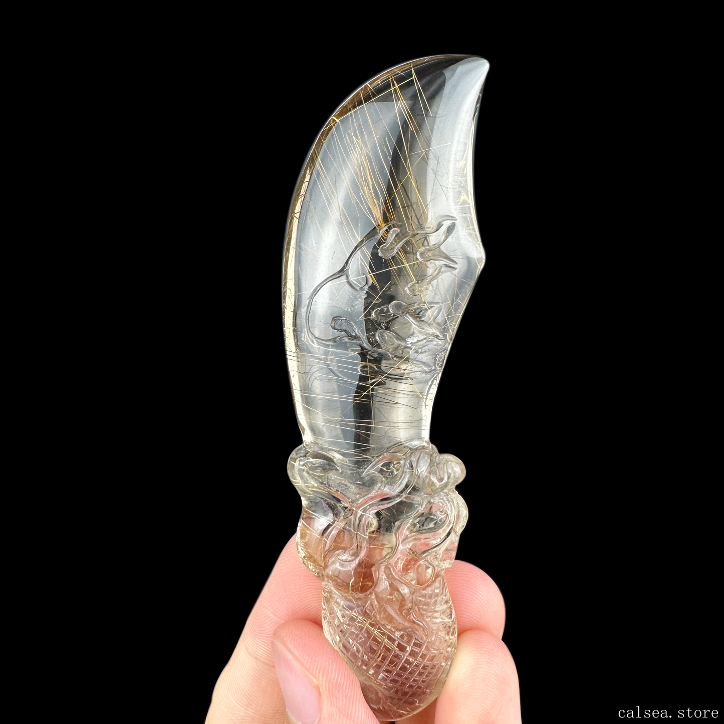 Awesome Golden Rutile Dragon Head Knife Sculpture Crystal Healing Hand Carved