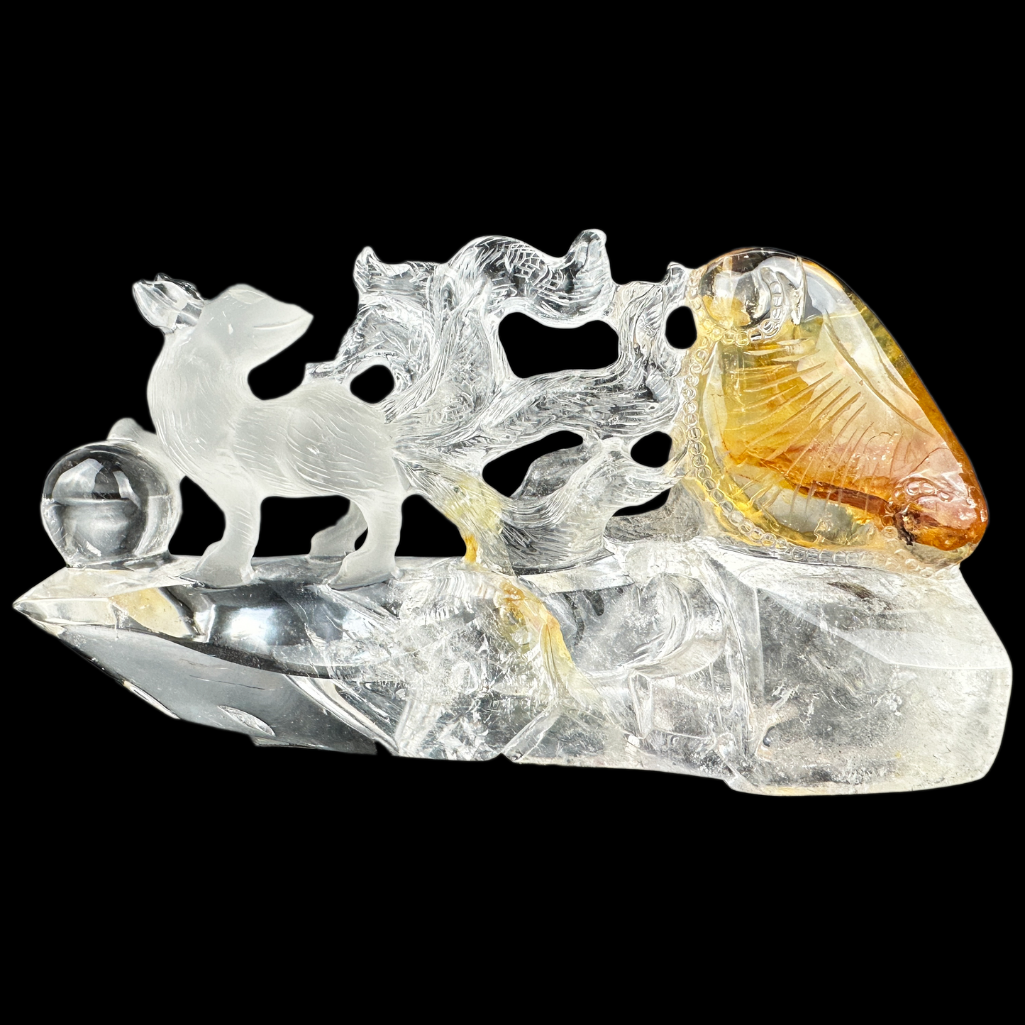 Golden Healer Nine-Tailed Fox Sculpture Crystal Healing Hand Carved Crystal