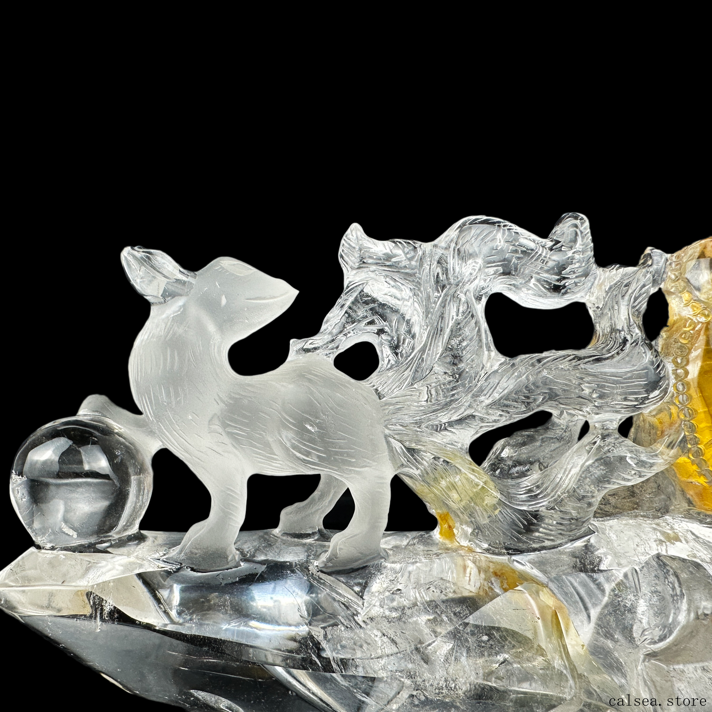 Golden Healer Nine-Tailed Fox Sculpture Crystal Healing Hand Carved Crystal