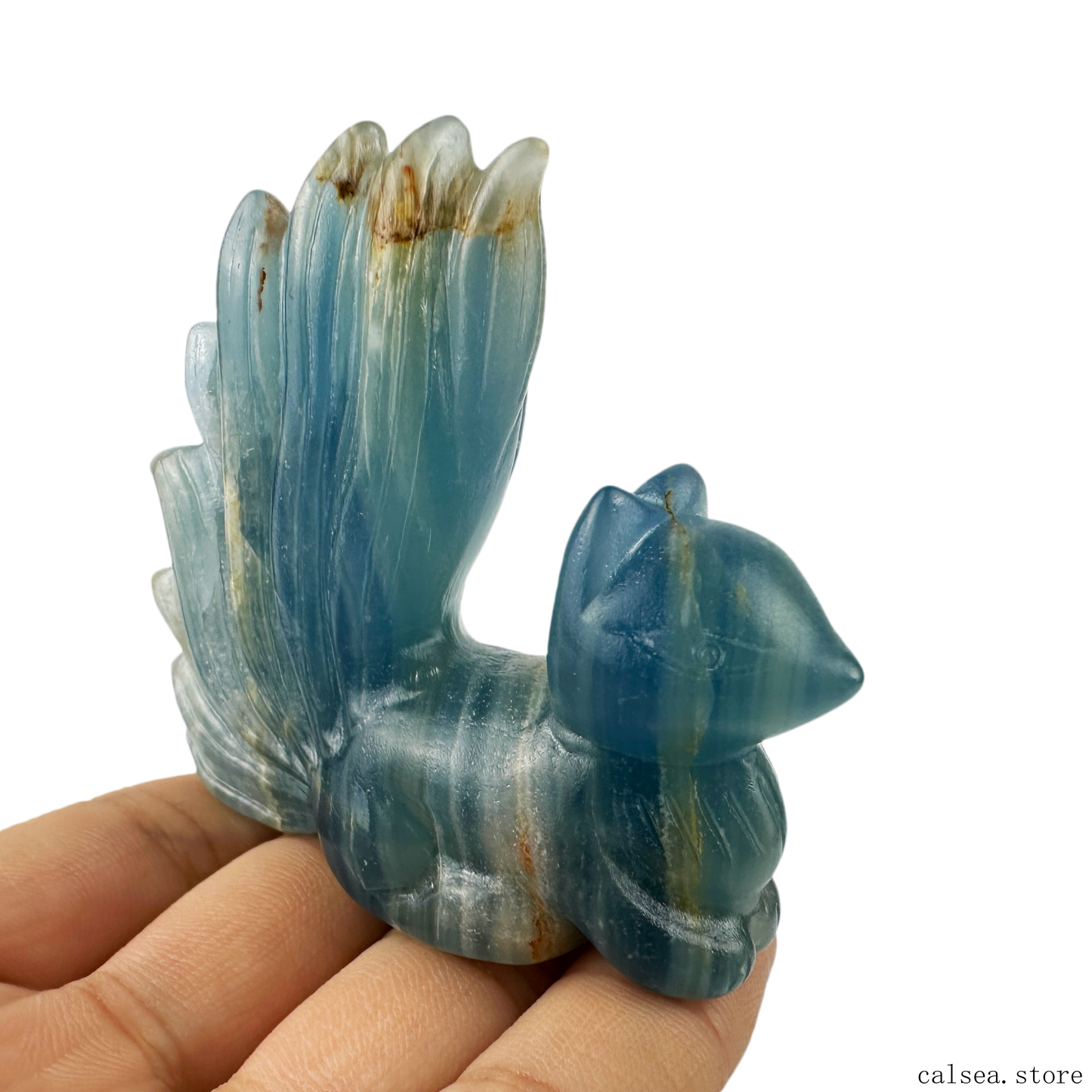 Blue Onyx Nine Tail Fox Gemstone Crystal Healing Hand Carved Crystal Sculpture