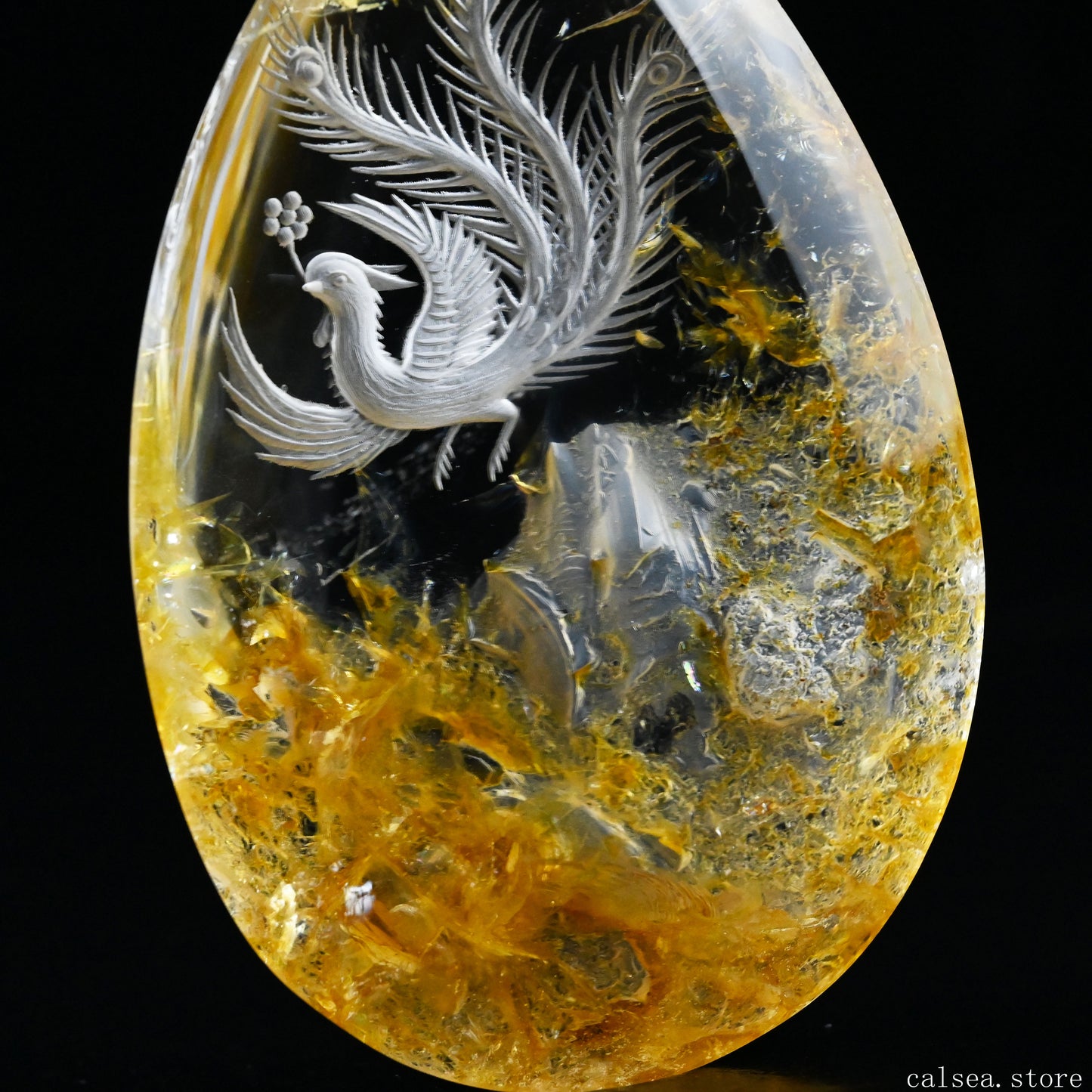 Awesome Goldenhealer Phoenix Teardrop Sculpture Crystal Healing Hand Carved