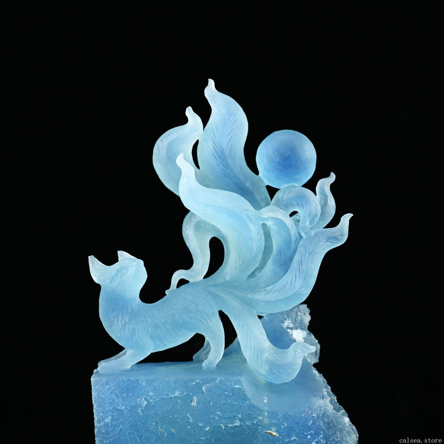 7.51'' Gemstone Aquamarine Nine Tail Fox Sculpture Crystal Healing Hand Carved Crystal Super Realistic