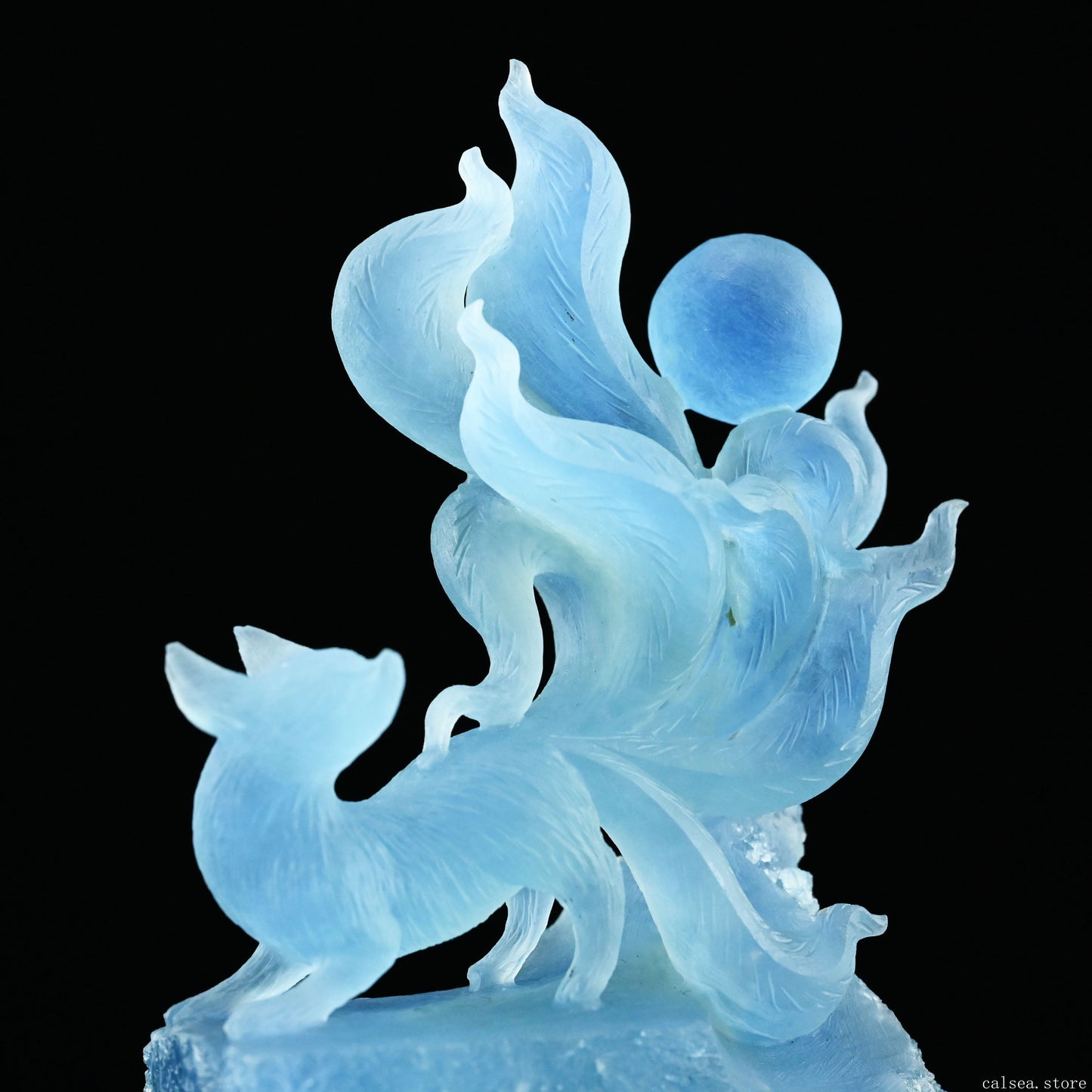 7.51'' Gemstone Aquamarine Nine Tail Fox Sculpture Crystal Healing Hand Carved Crystal Super Realistic