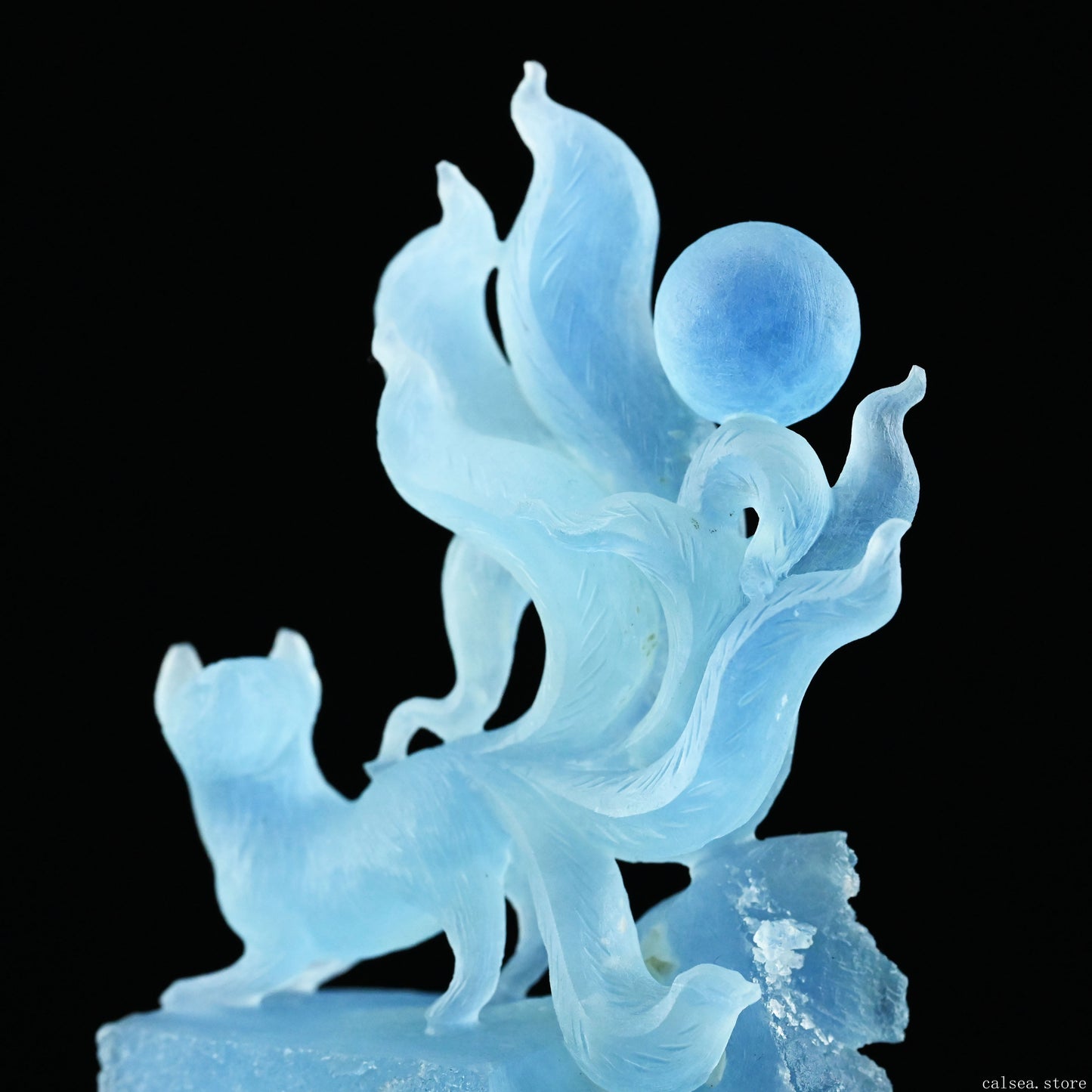 7.51'' Gemstone Aquamarine Nine Tail Fox Sculpture Crystal Healing Hand Carved Crystal Super Realistic