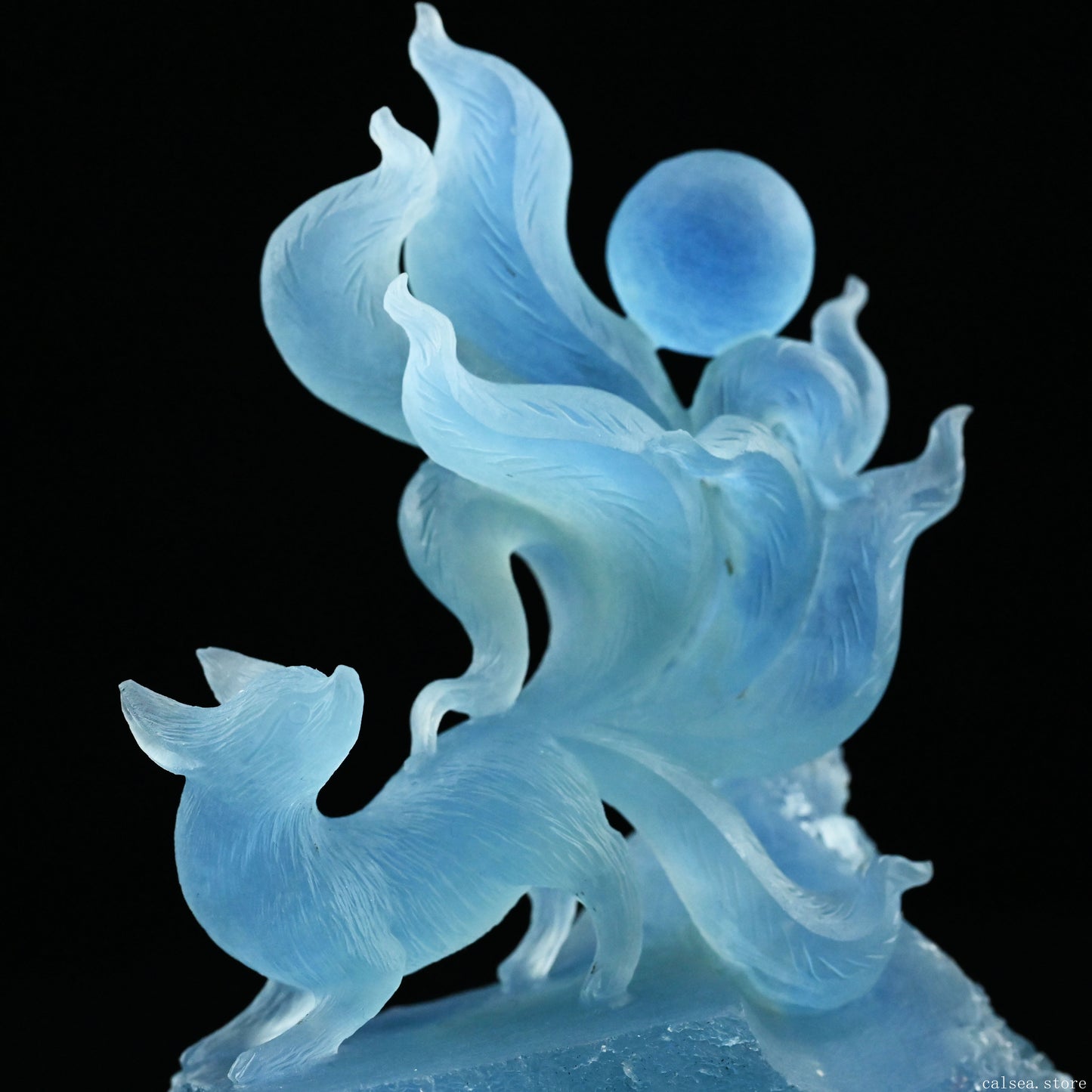 7.51'' Gemstone Aquamarine Nine Tail Fox Sculpture Crystal Healing Hand Carved Crystal Super Realistic