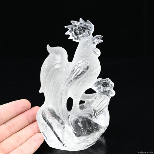 3.22" Zodiac Clearquartz Rooster Sculpture Crystal Healing Hand Carved