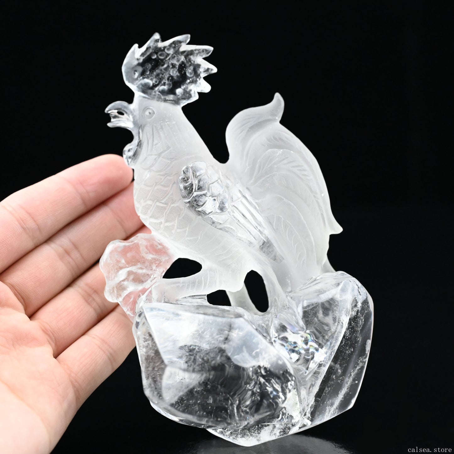 3.22" Zodiac Clearquartz Rooster Sculpture Crystal Healing Hand Carved