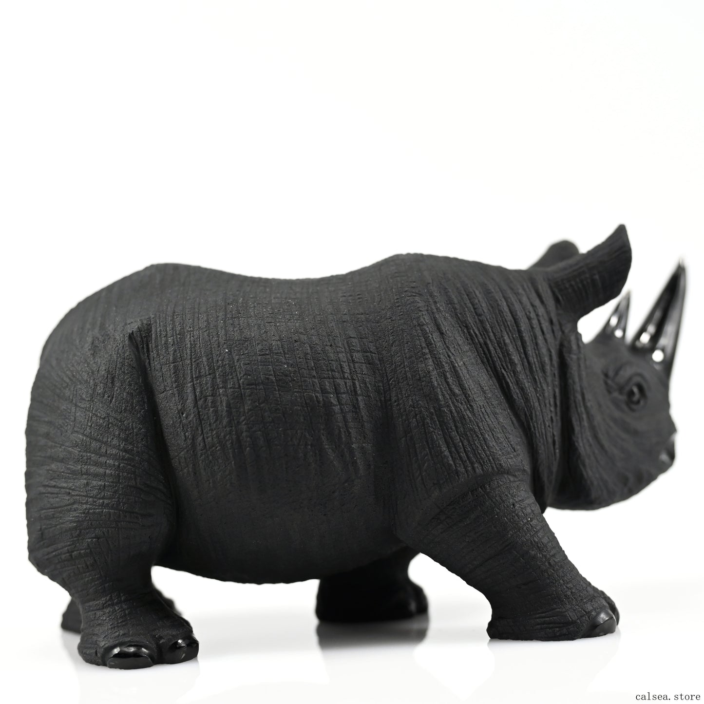 Vivid Black Obsidian Rhino Sculpture Crystal Healing Hand Carved Super Realistic