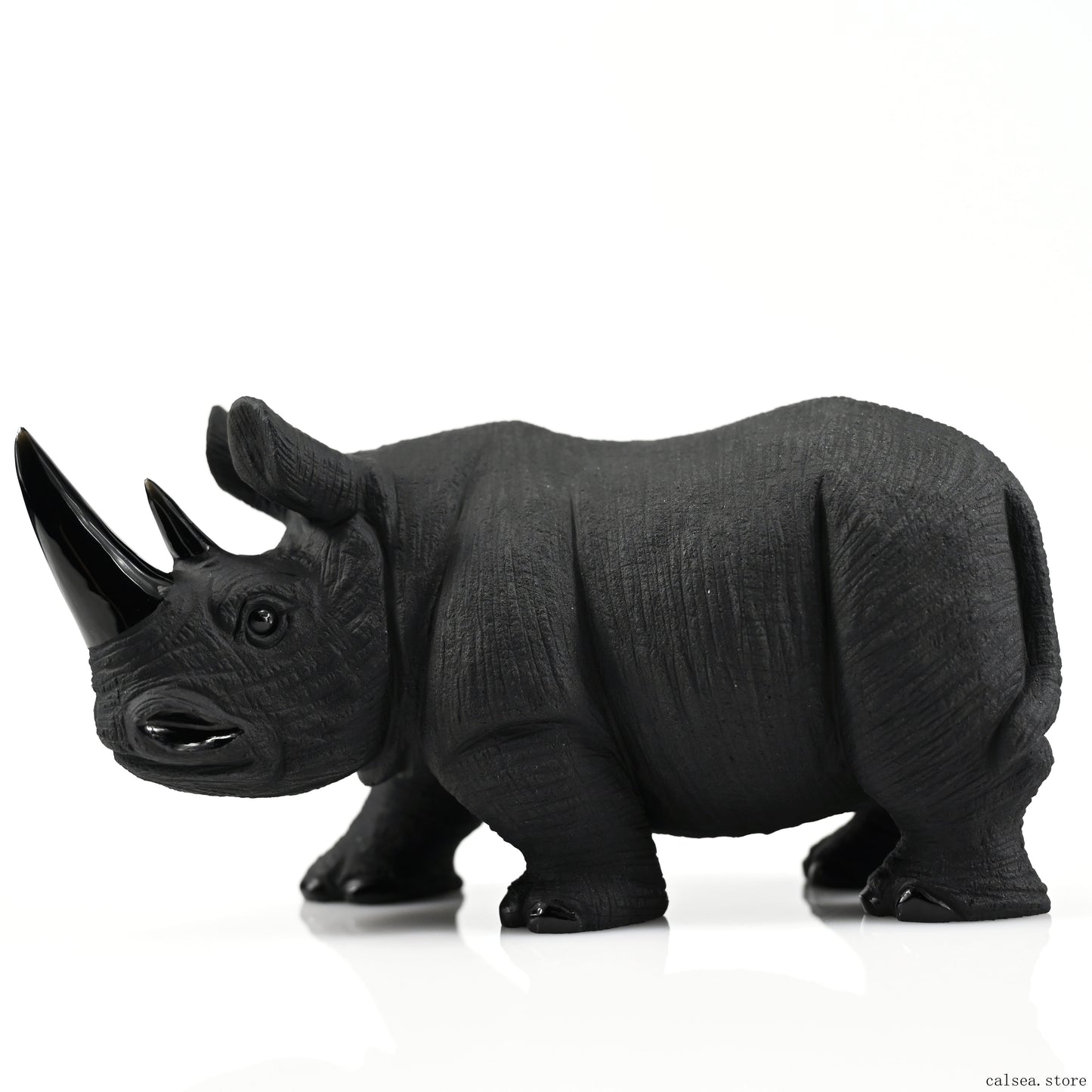 Vivid Black Obsidian Rhino Sculpture Crystal Healing Hand Carved Super Realistic