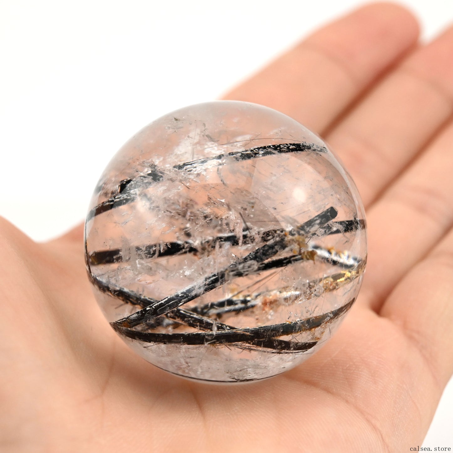 1.71'' Black Rutile,Tourmaline Quartz Sphere Crystal Healing Hand Carved Crystal Ball