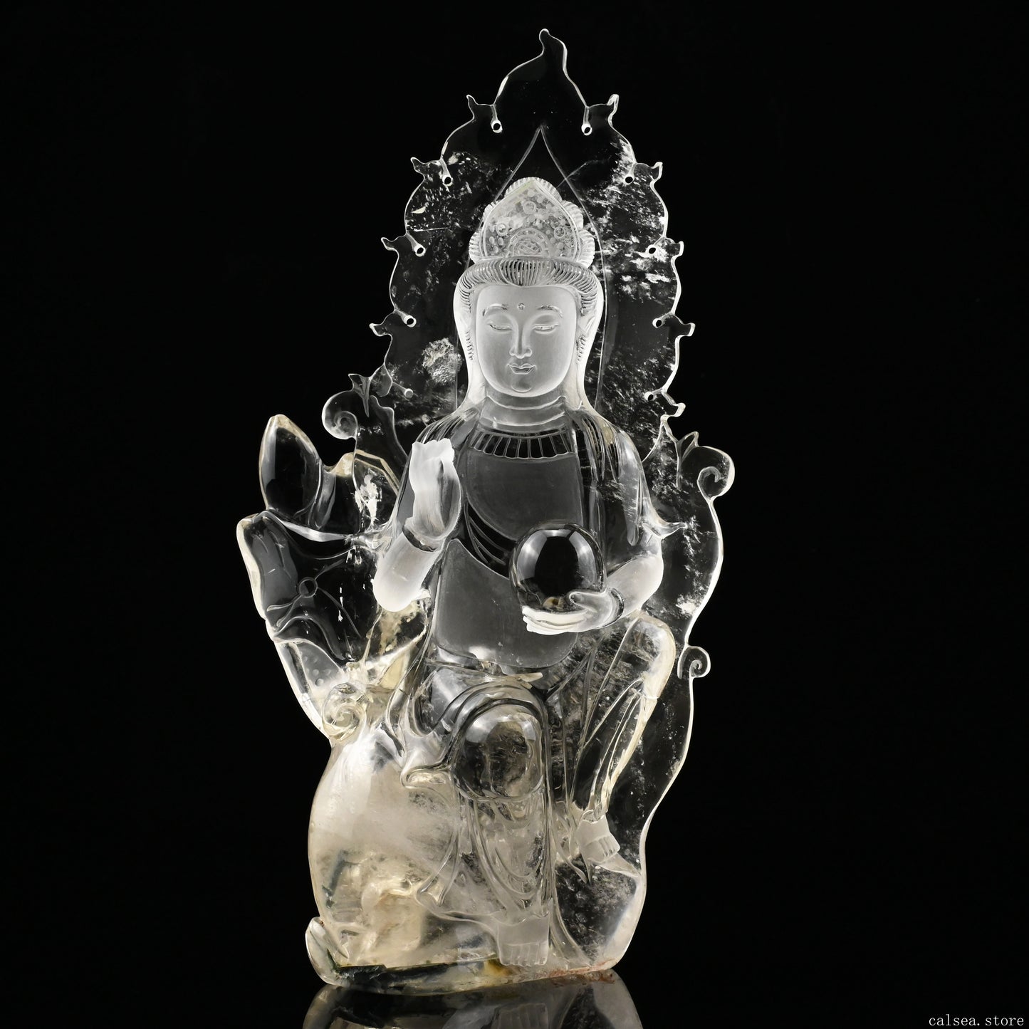 10.6'' Clearquartz GuanYin Sculpture Crystal Healing Hand Carved Ornaments