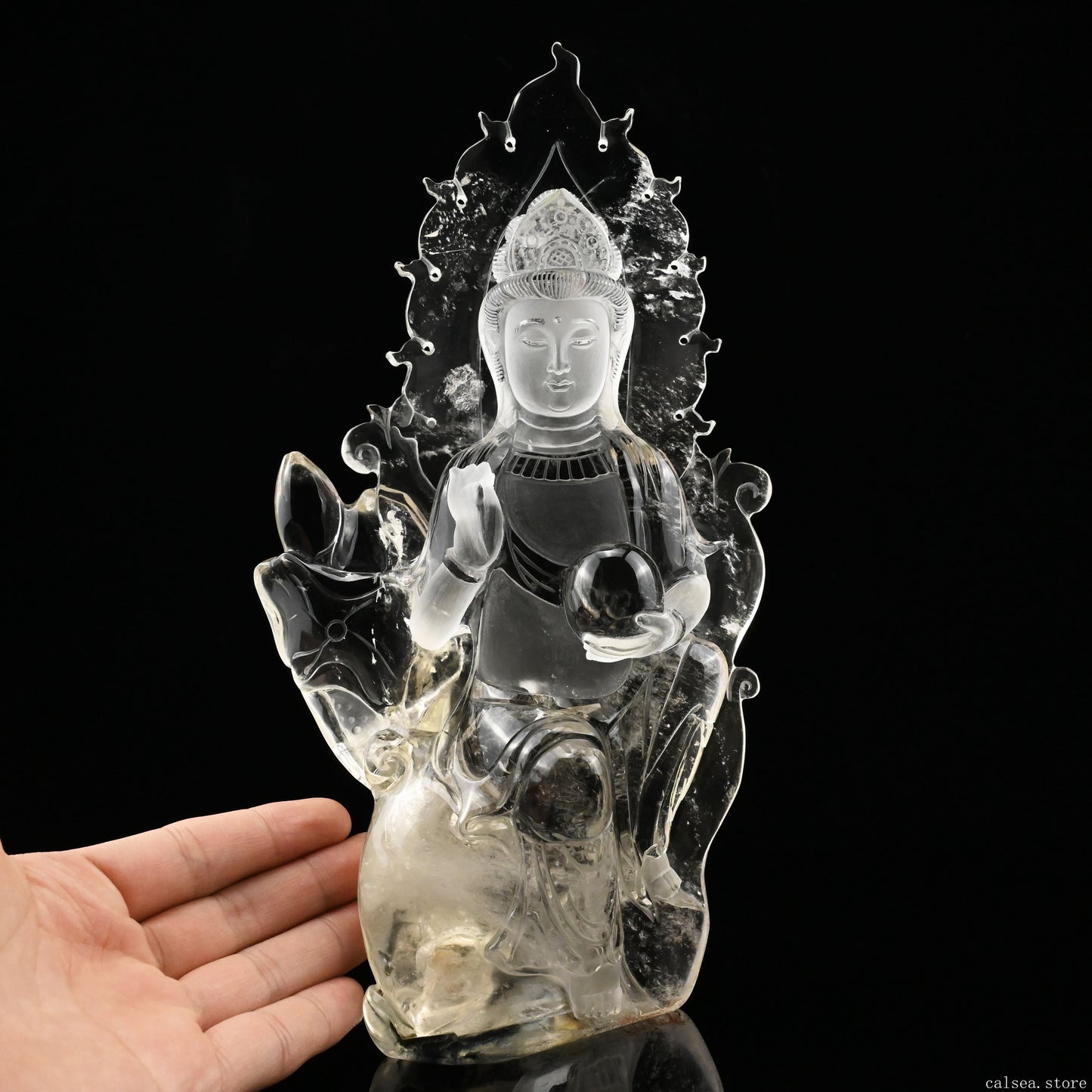 10.6'' Clearquartz GuanYin Sculpture Crystal Healing Hand Carved Ornaments