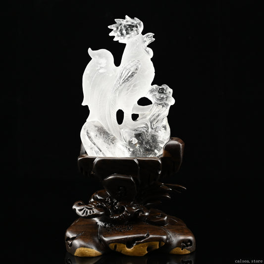 3.22" Zodiac Clearquartz Rooster Sculpture Crystal Healing Hand Carved