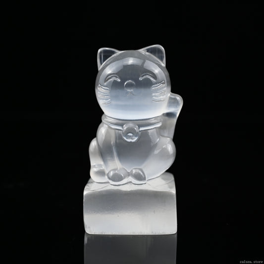 Selenite Lucky Cat Sculpture Crystal Healing Hand Carved