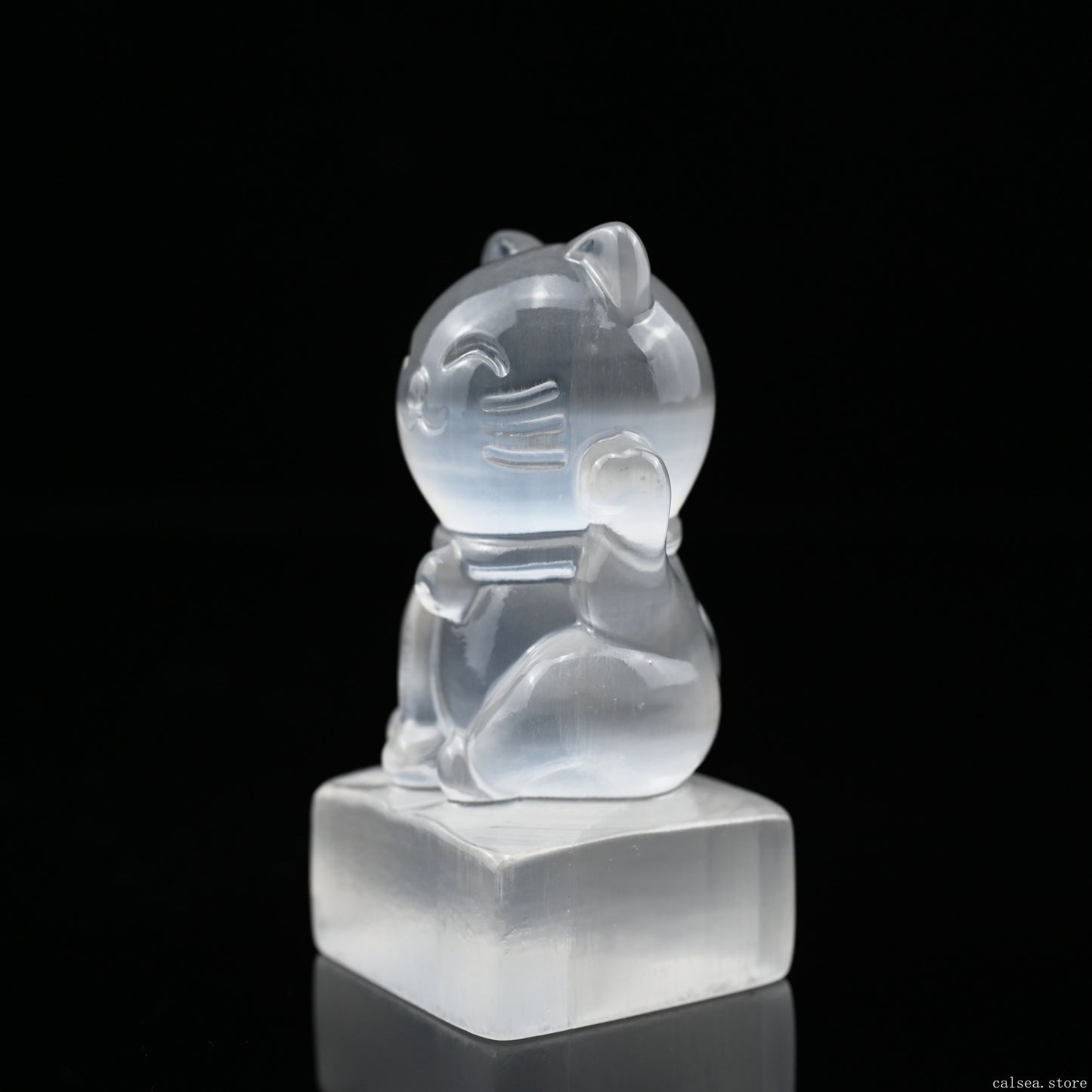 Selenite Lucky Cat Sculpture Crystal Healing Hand Carved