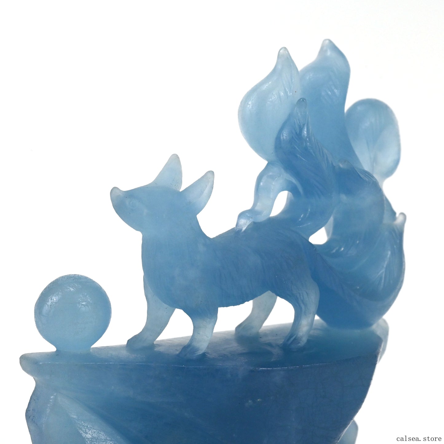 4.48'' Gemstone Aquamarine Nine Tail Fox Sculpture Crystal Healing Hand Carved Crystal Super Realistic