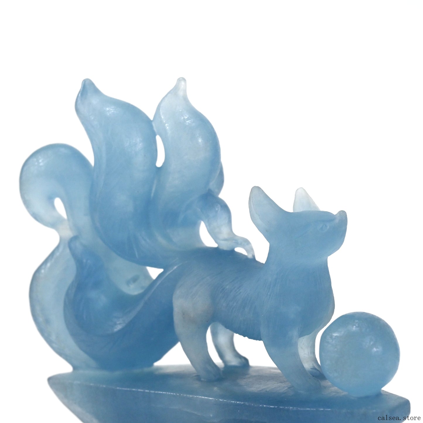 4.48'' Gemstone Aquamarine Nine Tail Fox Sculpture Crystal Healing Hand Carved Crystal Super Realistic