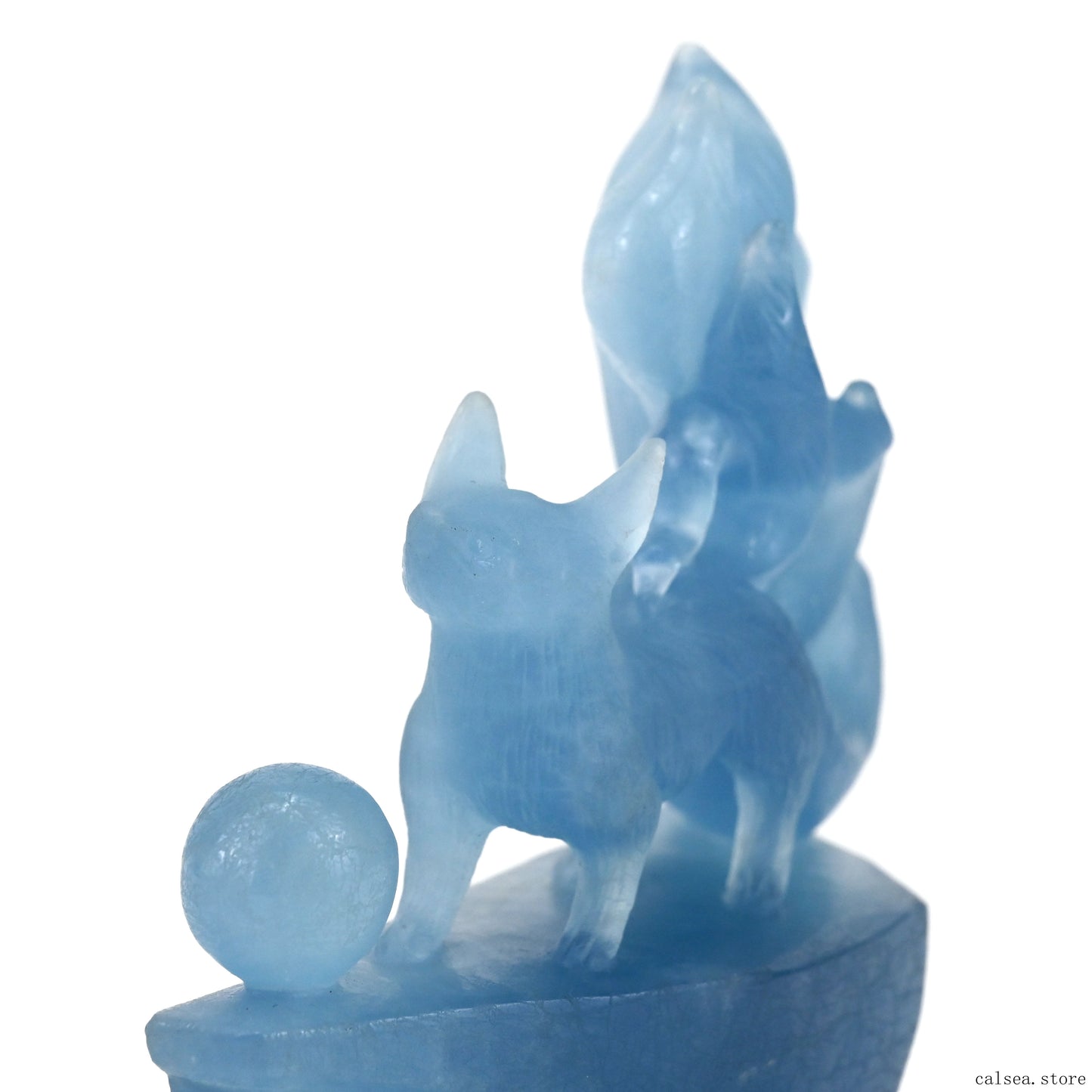 4.48'' Gemstone Aquamarine Nine Tail Fox Sculpture Crystal Healing Hand Carved Crystal Super Realistic