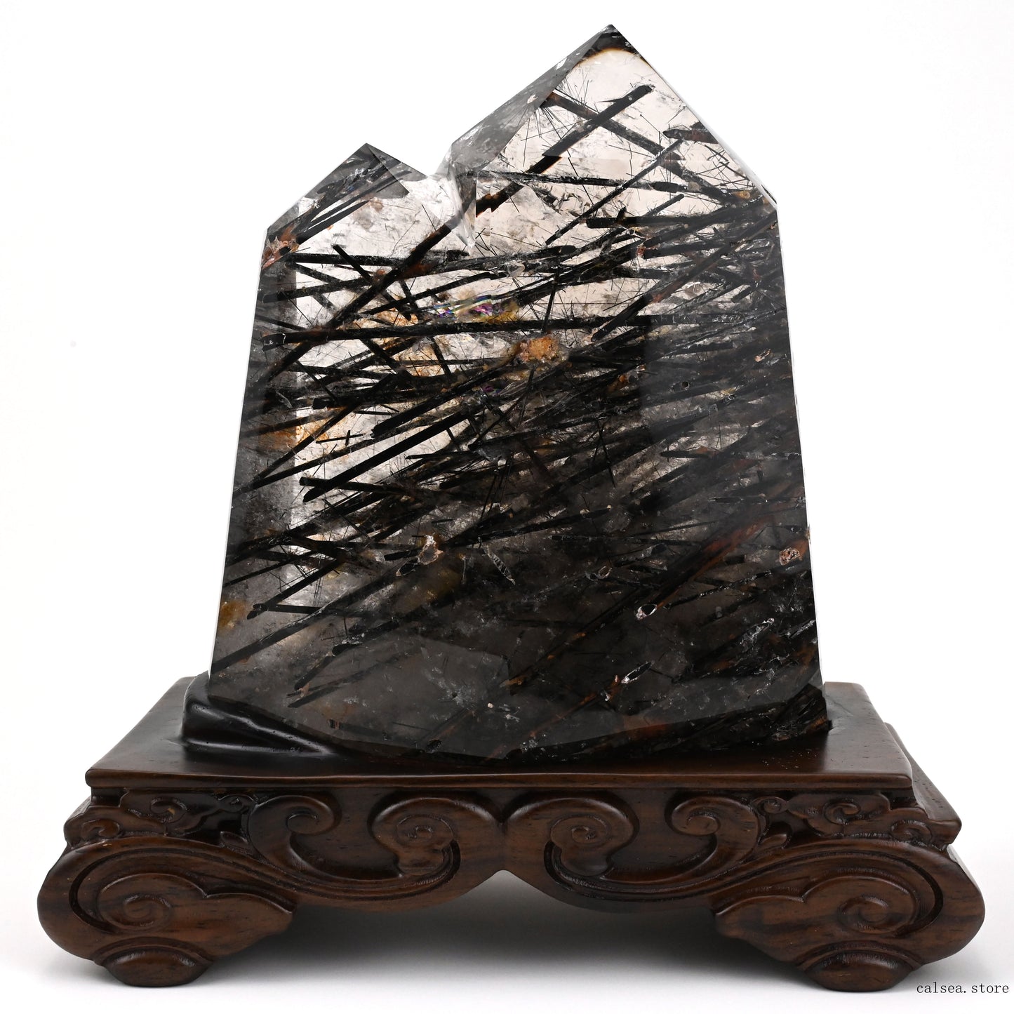 Smokeyquartz Black Rutile,Tourmaline Double Tower Crystal Healing Hand Carved