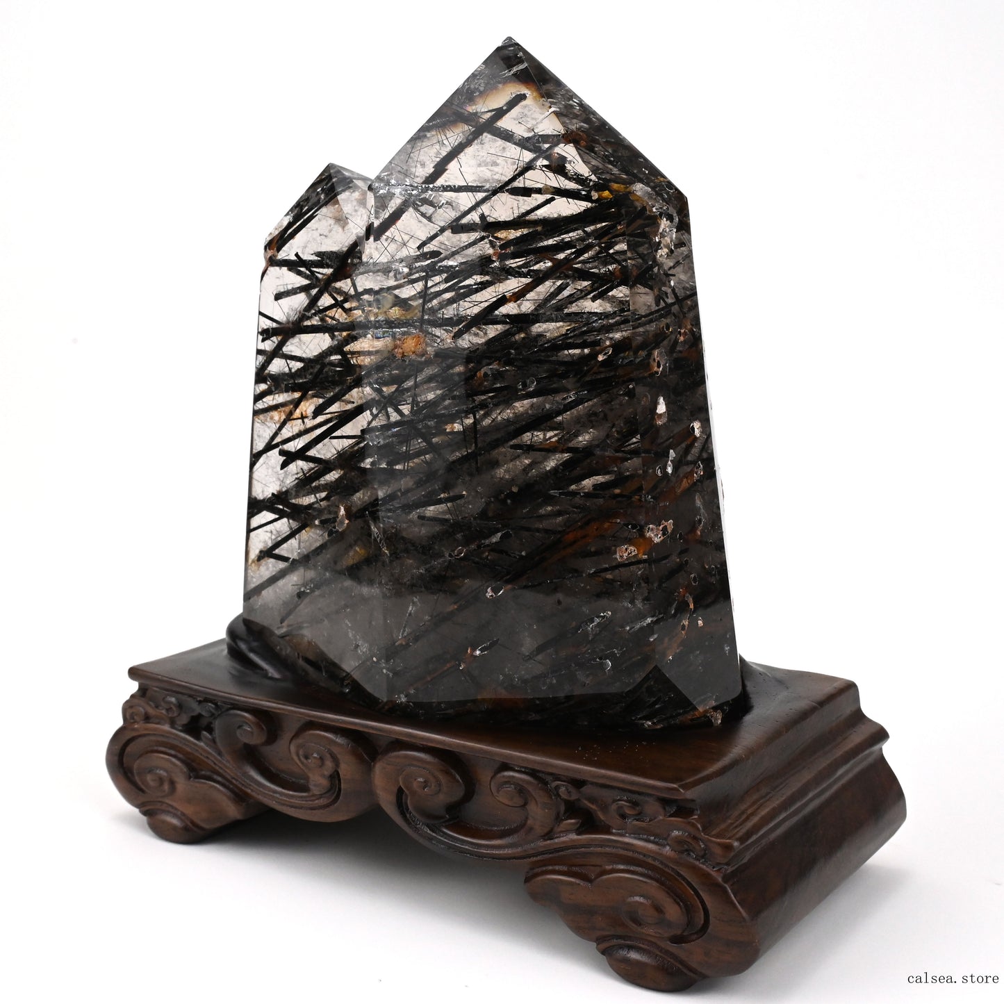 Smokeyquartz Black Rutile,Tourmaline Double Tower Crystal Healing Hand Carved