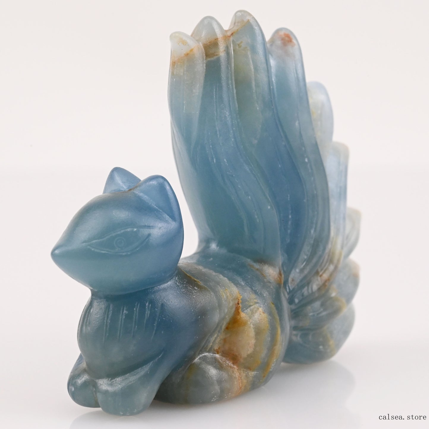 Blue Onyx Nine Tails Fox Sculpture Crystal Healing Hand Carved Crystal