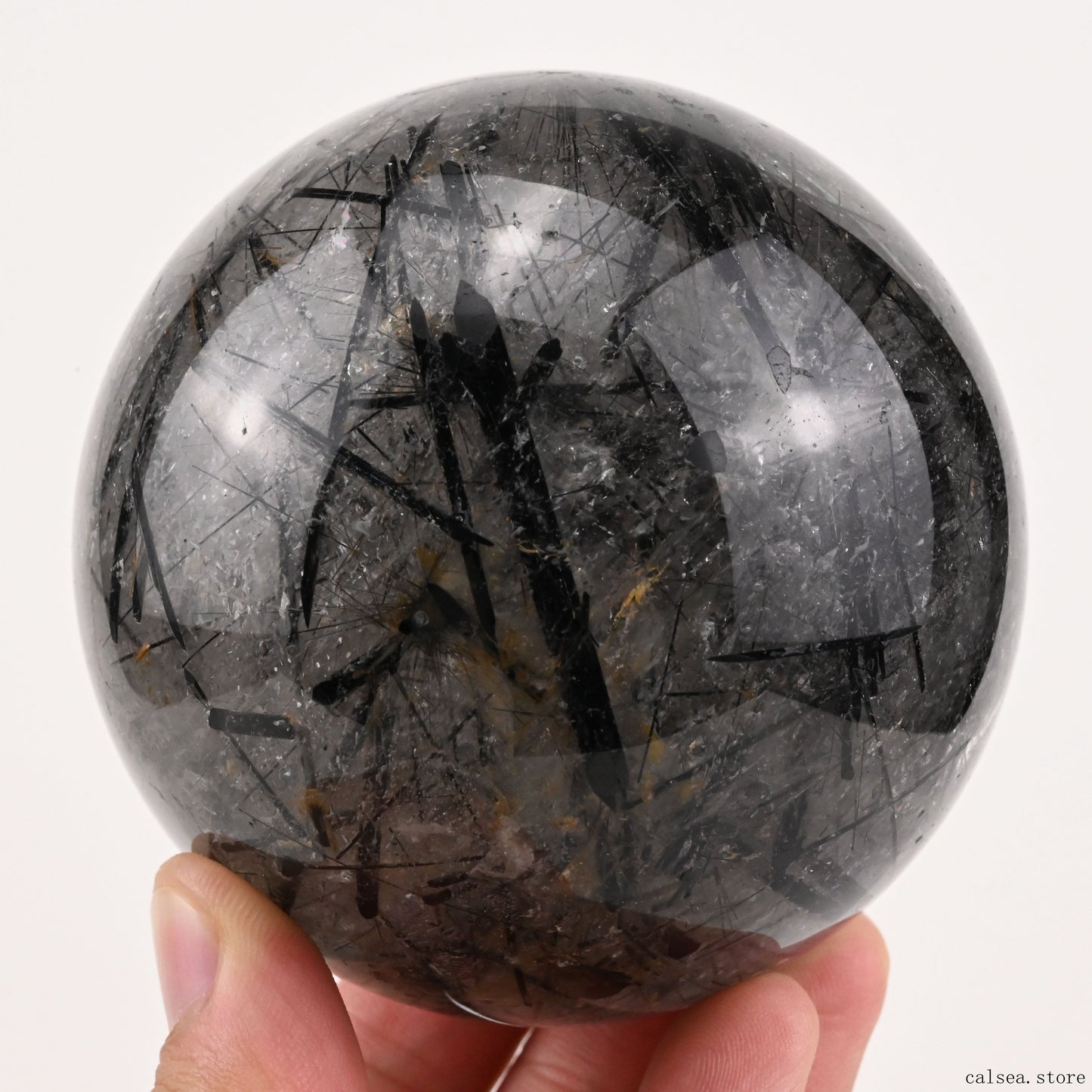 3.05'' Black Rutile,Tourmaline Quartz Sphere Crystal Healing Hand Carved Crystal Ball