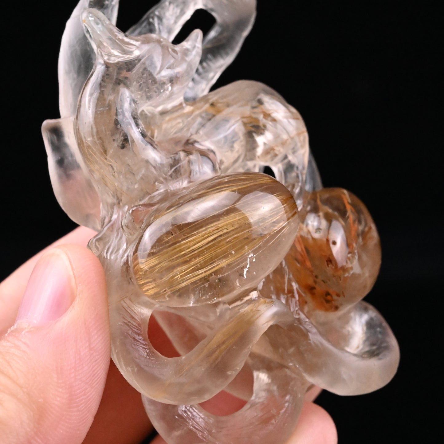 Golden Rutile,Rutilated Nine Tail Fox Sculpture Crystal Healing Hand Carved Super Realistic