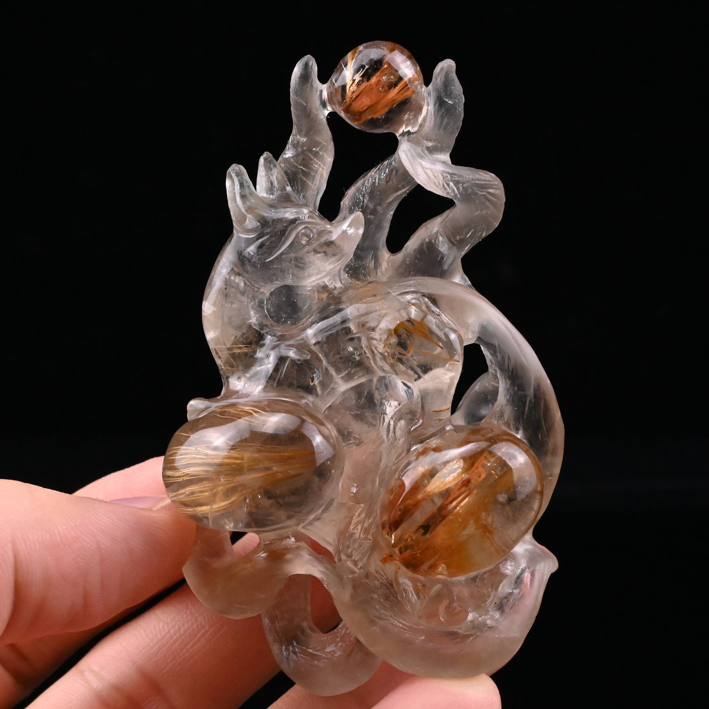 Golden Rutile,Rutilated Nine Tail Fox Sculpture Crystal Healing Hand Carved Super Realistic