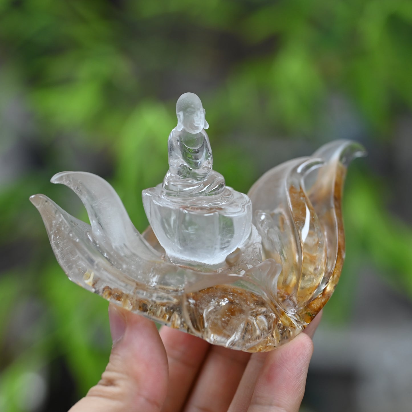 Goldenhealer Lotus Practicing Monks Sculpture Crystal Healing Hand Carved