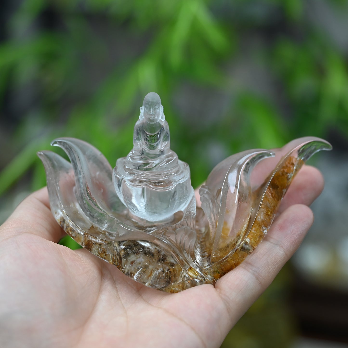 Goldenhealer Lotus Practicing Monks Sculpture Crystal Healing Hand Carved