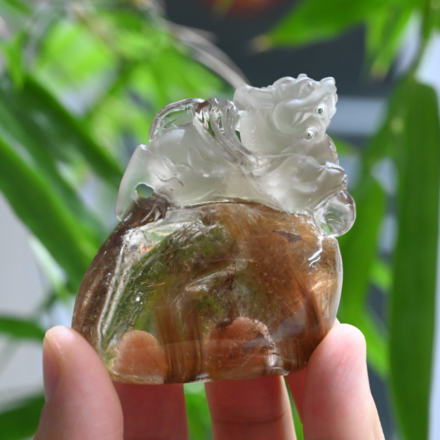 Golden Rutile,Rutilated Pixiu Sculpture Crystal Healing Hand Carved Super Realistic